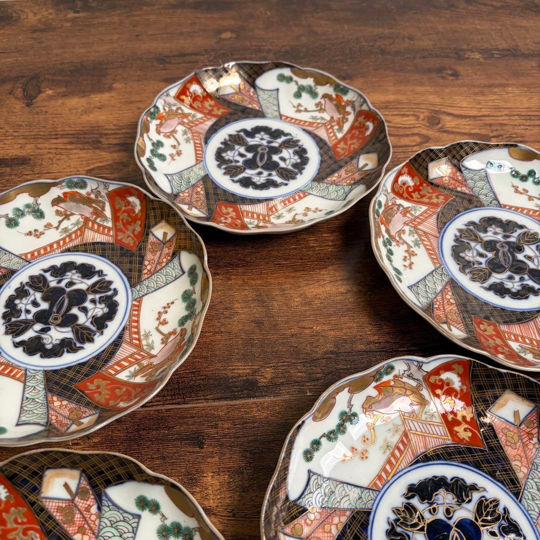 古伊万里　赤絵金彩鳥図六寸皿五客 中皿/銘々皿/アンティーク/お皿時代 070