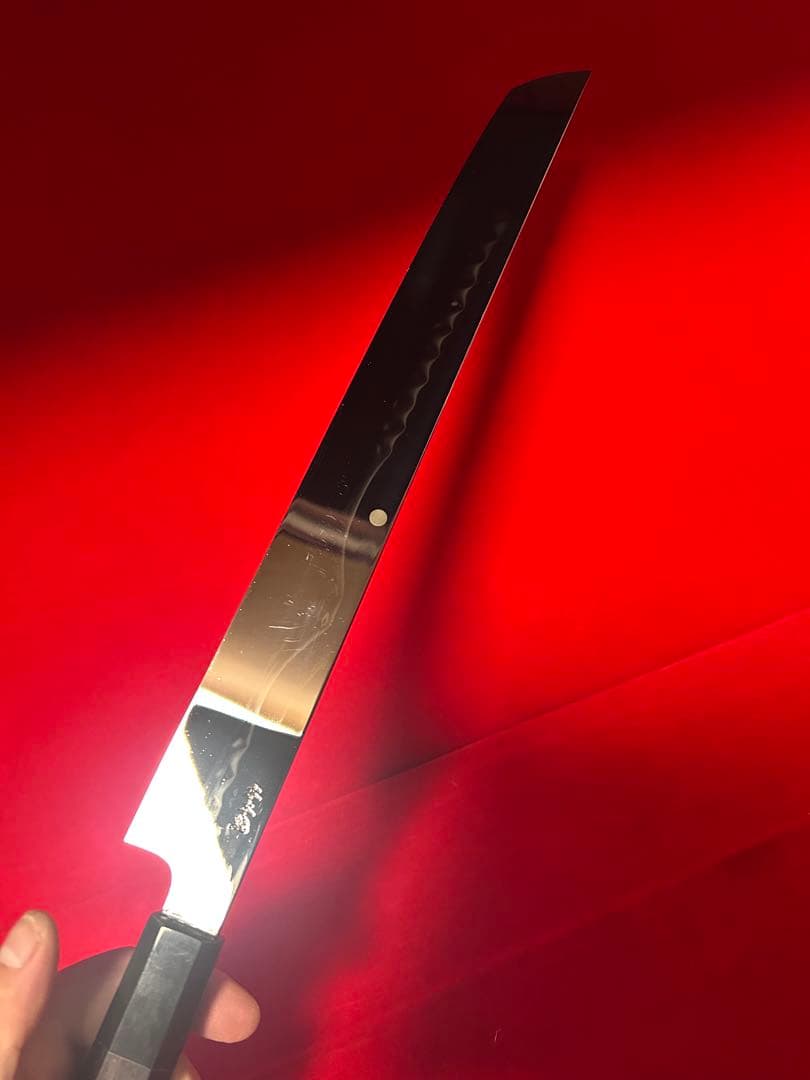 No.01420 包丁　先丸　水本焼　白鋼　富士山満月波紋　完全鏡面仕上げ　箱付