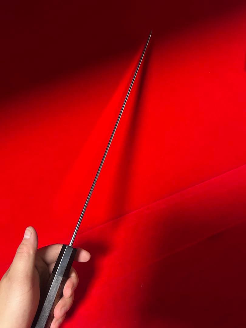 No.01420 包丁　先丸　水本焼　白鋼　富士山満月波紋　完全鏡面仕上げ　箱付