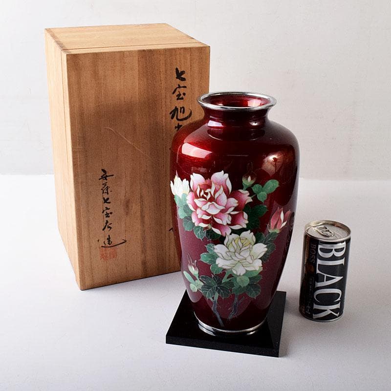 七宝焼 安藤七宝店造 赤透 薔薇文 花瓶 共箱 7891C - メルカリ