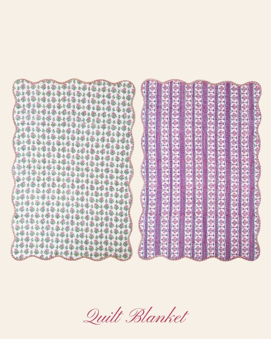 ブロックプリント　うねうねキルトブランケット　ホワイトピンク×パープル