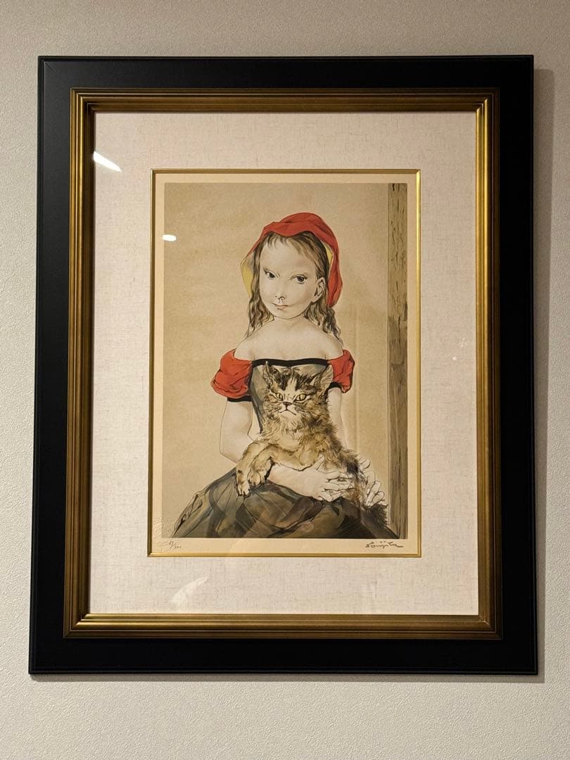 藤田嗣治『猫を抱く少女』限定67/300 額装版画 シルクスクリーン 本物