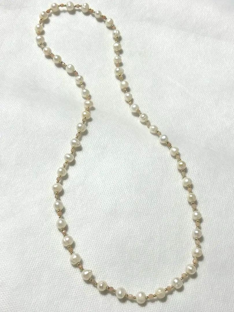 パール×オレンジムーンストーン　14KGF ネックレス　3連ブレスレット