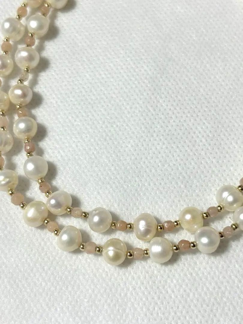 パール×オレンジムーンストーン　14KGF ネックレス　3連ブレスレット