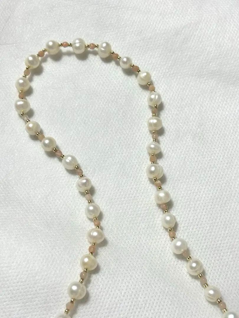 パール×オレンジムーンストーン　14KGF ネックレス　3連ブレスレット