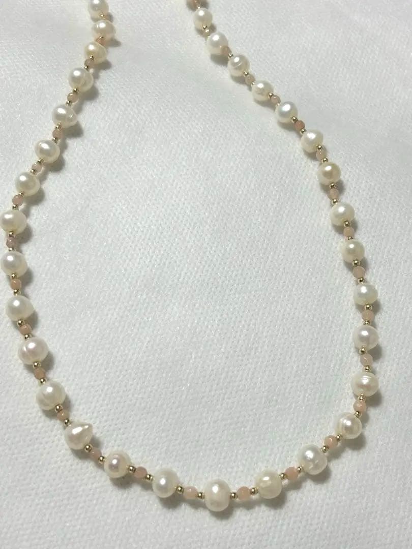 パール×オレンジムーンストーン　14KGF ネックレス　3連ブレスレット