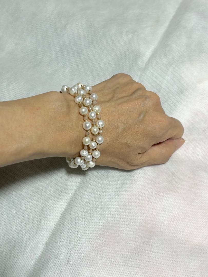 パール×オレンジムーンストーン　14KGF ネックレス　3連ブレスレット