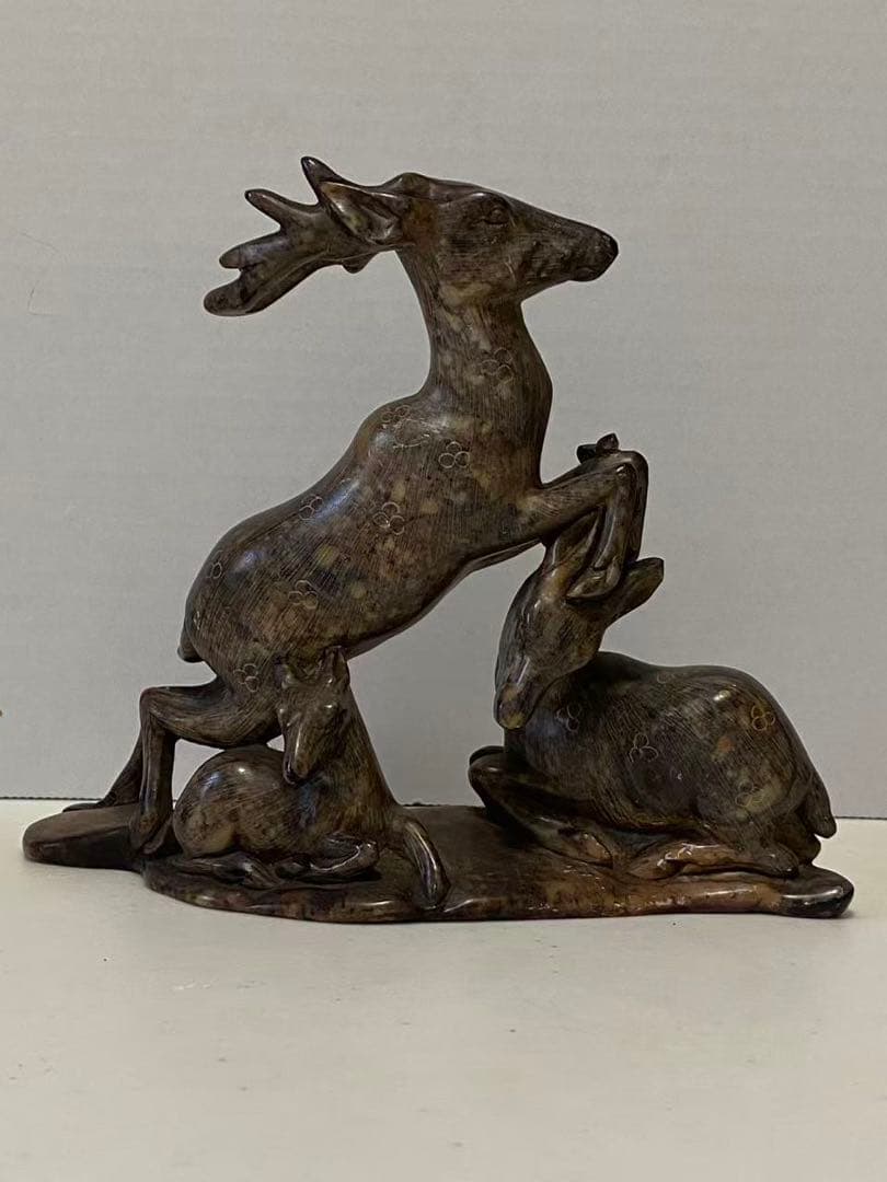 中国美術 希少黄斑石 親子鹿彫刻 置物 年代不明