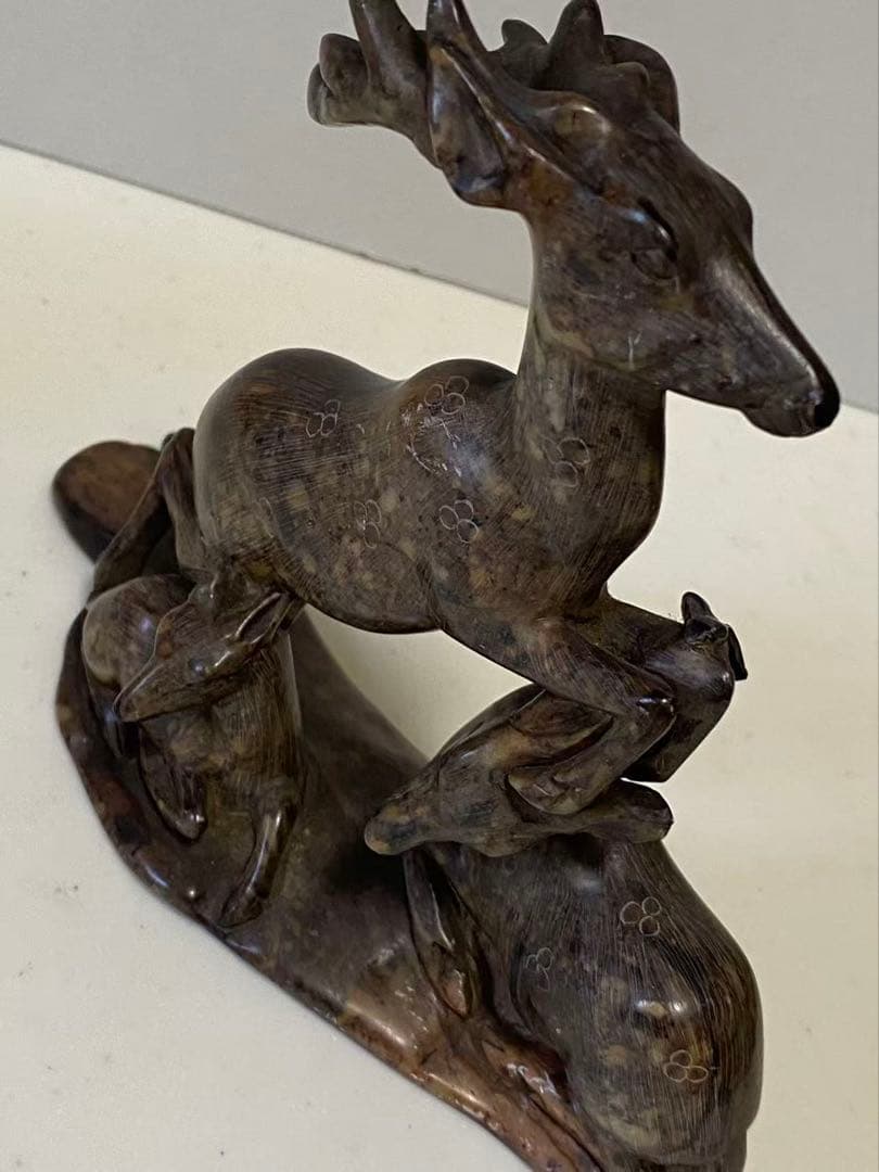 中国美術 希少黄斑石 親子鹿彫刻 置物 年代不明