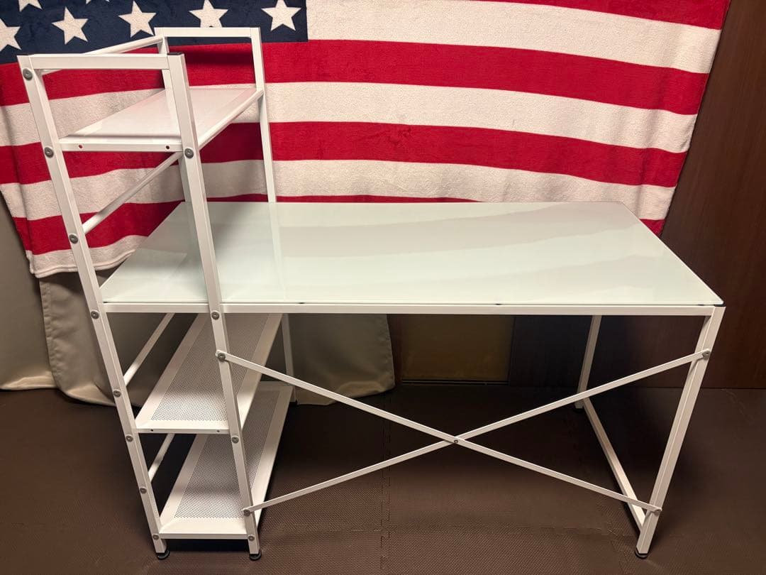 【Sierra 1200 GL】LOWYAガラス天板ラック付きデスク ホワイト