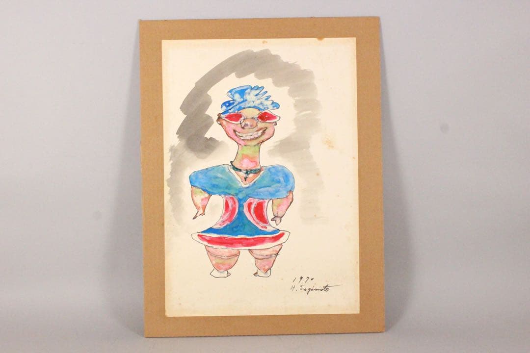 No5085 額装　ヘンリー杉本　遮光器土偶図　1970年　直筆サイン　送料無料