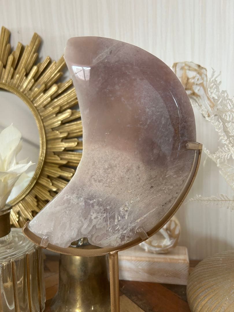 【天然石 ピンクアゲート｜三日月オブジェ｜ジオード入り】