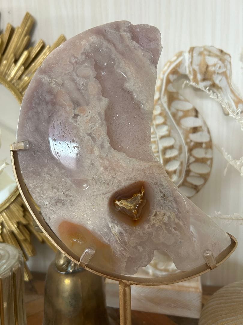 【天然石 ピンクアゲート｜三日月オブジェ｜ジオード入り】