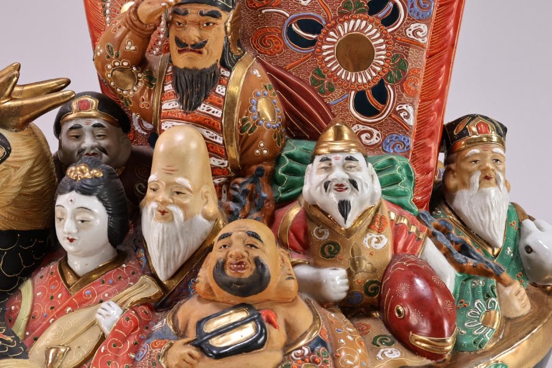 新品未使用 九谷焼 八幡釜 宝船 七福神 置物 縁起物 高さ46㎝ BK107