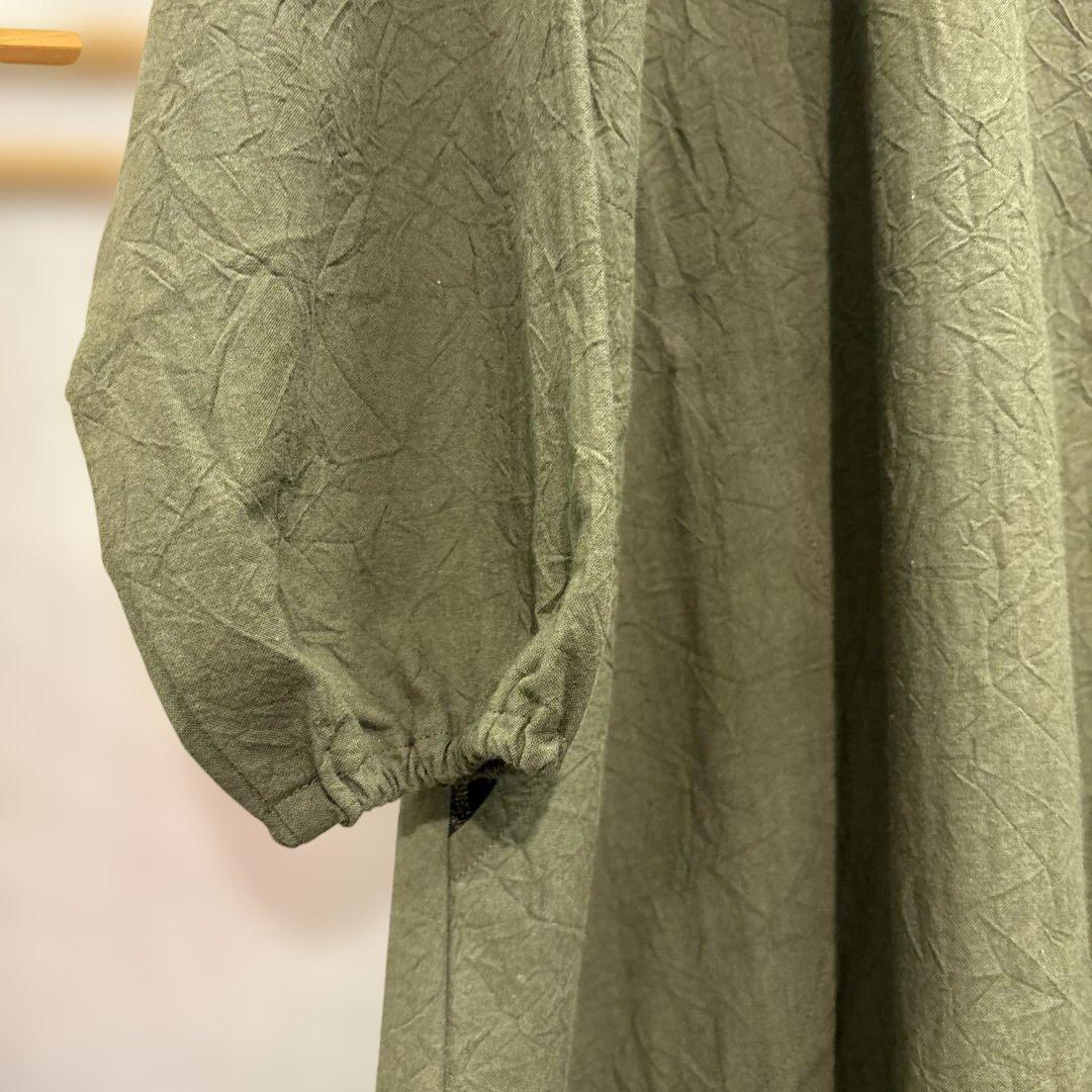 かぶり割烹着　深緑　シワ加工　日本製