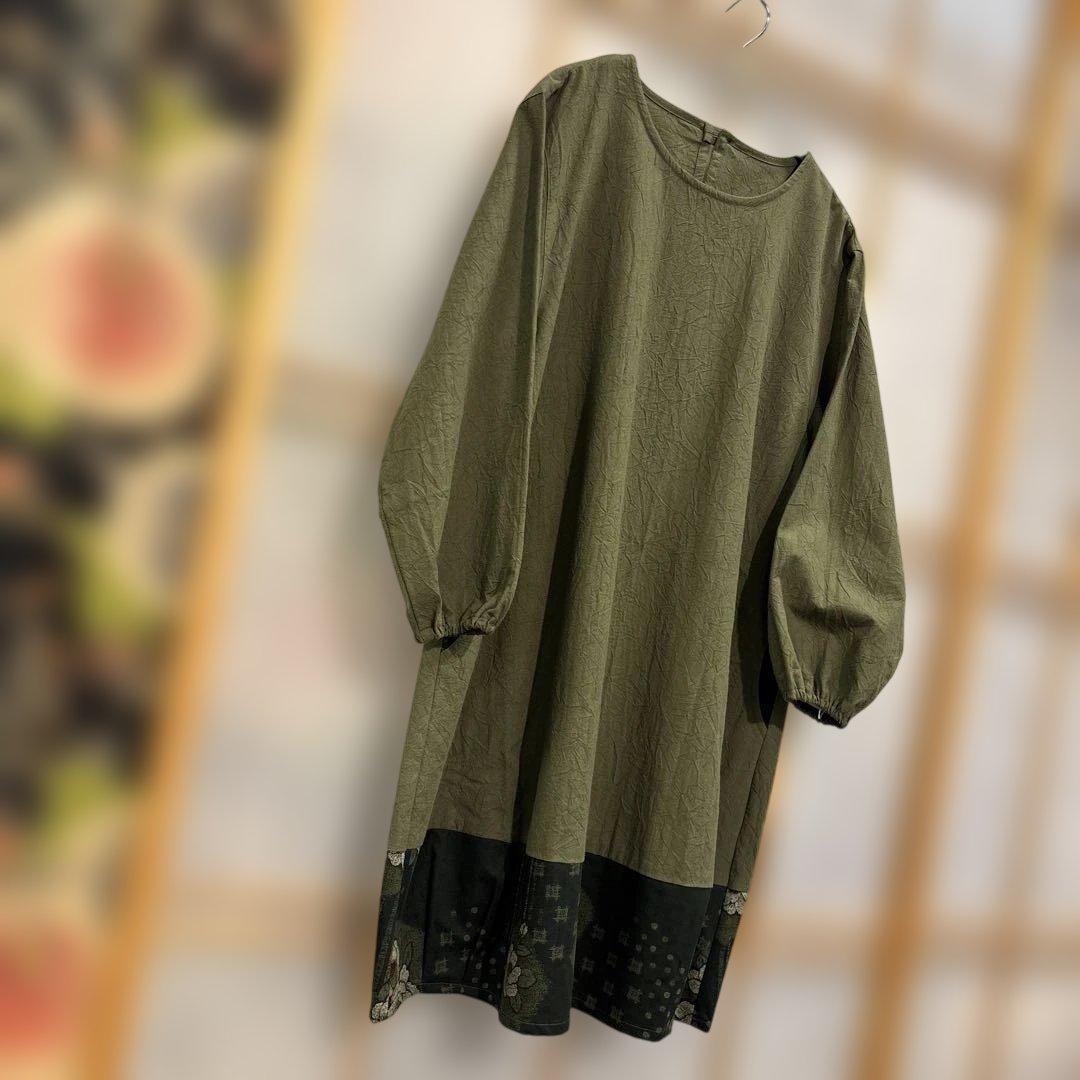 かぶり割烹着　深緑　シワ加工　日本製