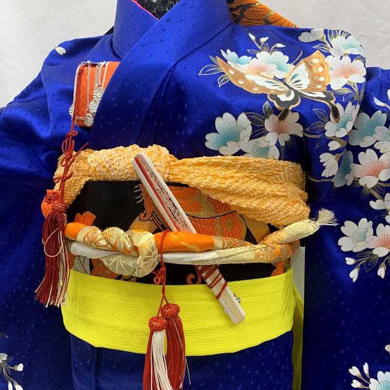 510ag68□七五三 七歳 女児 着物&袋帯 蝶 鴛鴦 花文 青□美品