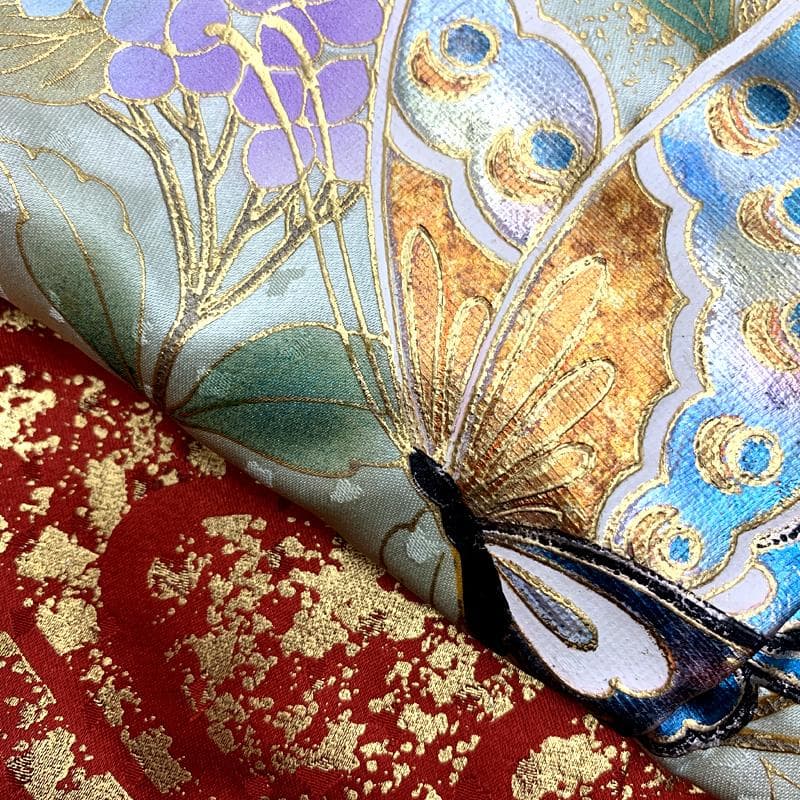 510ag68□七五三 七歳 女児 着物&袋帯 蝶 鴛鴦 花文 青□美品