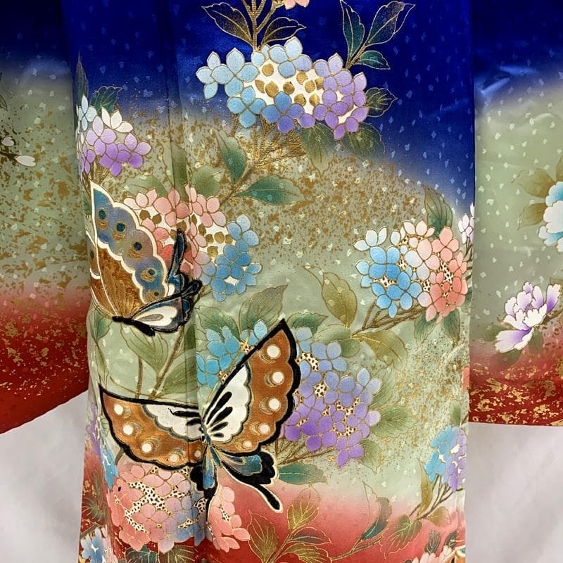 510ag68□七五三 七歳 女児 着物&袋帯 蝶 鴛鴦 花文 青□美品