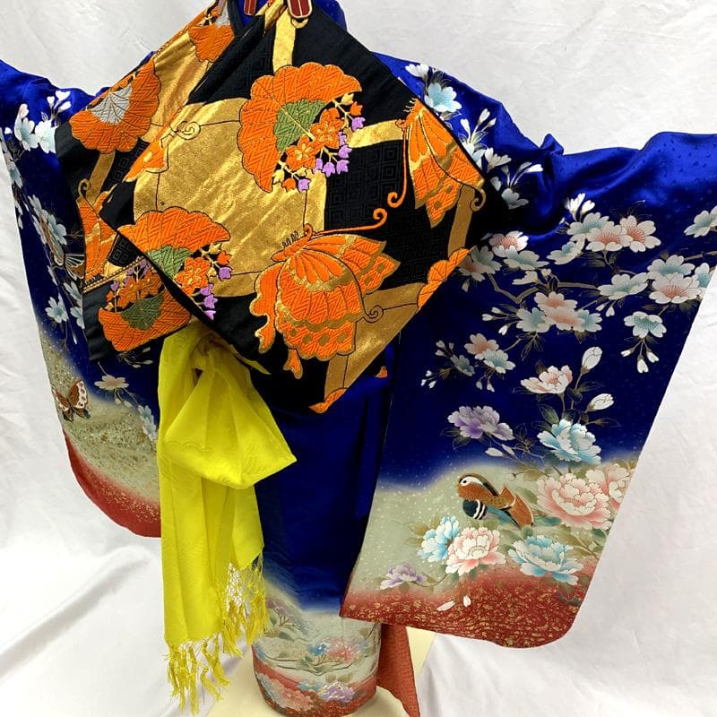 510ag68□七五三 七歳 女児 着物&袋帯 蝶 鴛鴦 花文 青□美品