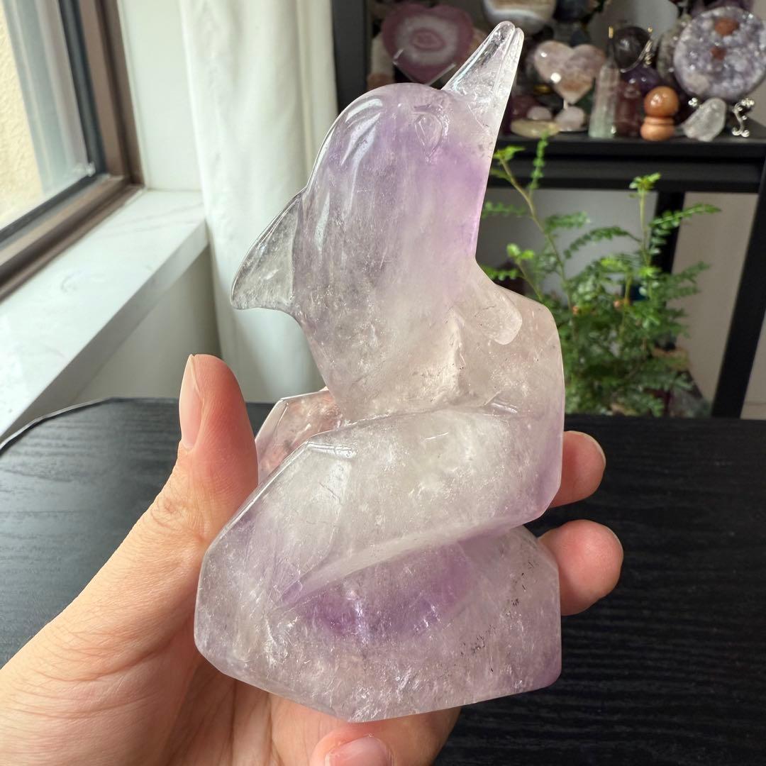 天然石アメジストのイルカ　海豚　置物　彫物NO.092215