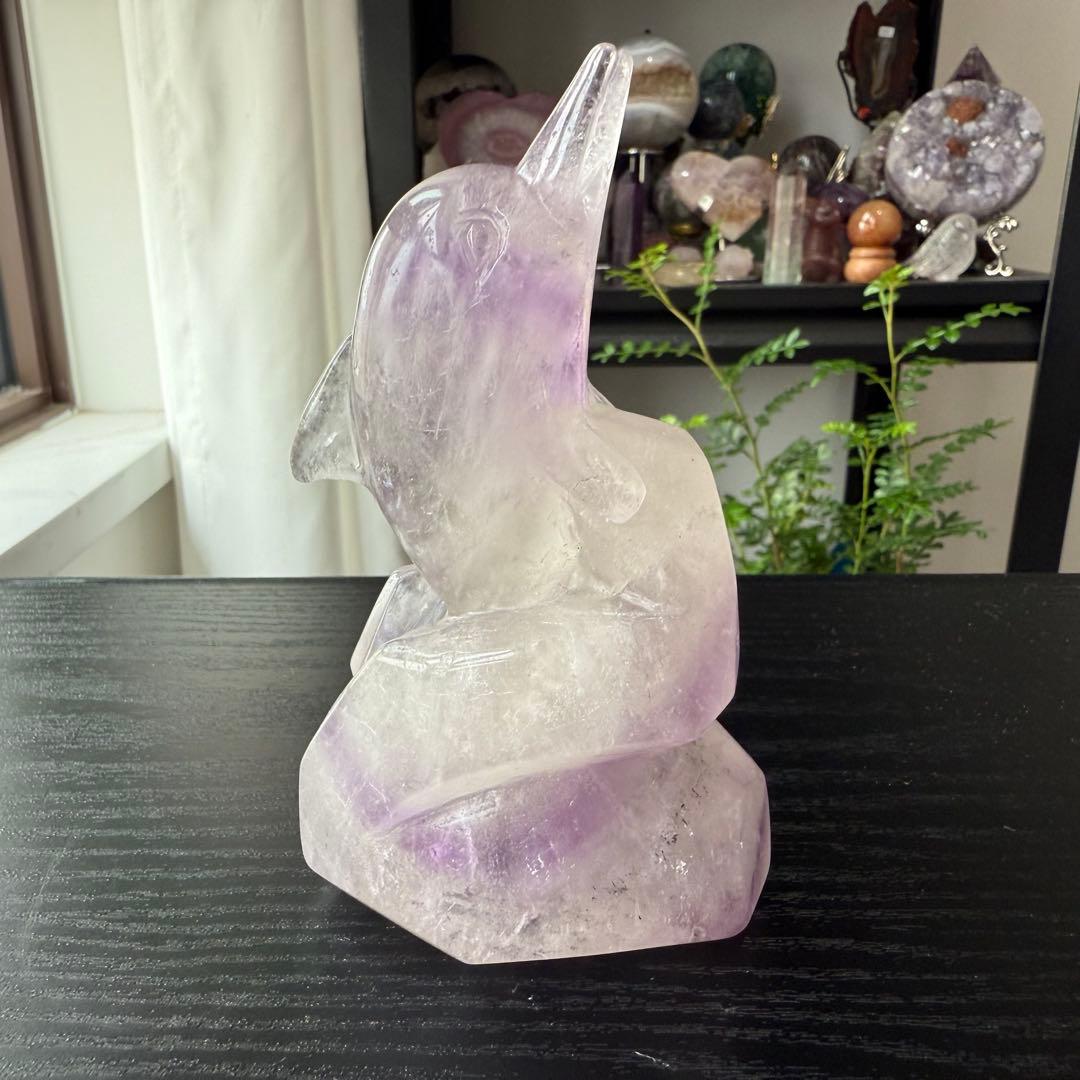 天然石アメジストのイルカ　海豚　置物　彫物NO.092215