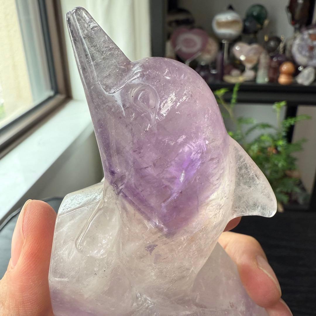 天然石アメジストのイルカ　海豚　置物　彫物NO.092215