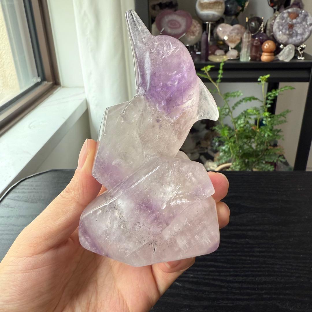 天然石アメジストのイルカ　海豚　置物　彫物NO.092215