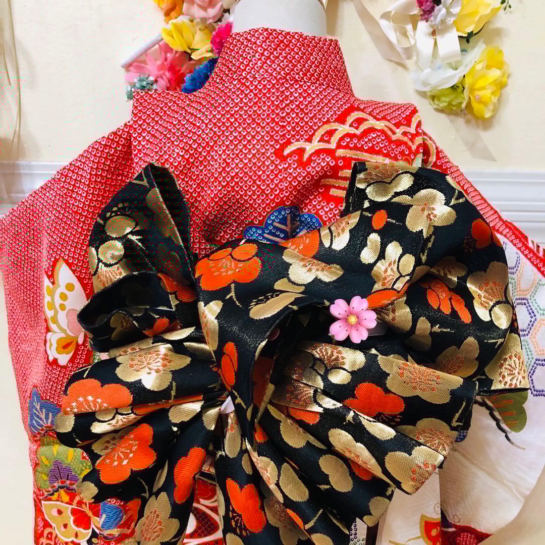 七五三七歳❣️豪華絞り柄アシメトリ花金彩⭐︎正絹全通袋帯刺繍煌びやか⭐︎完全フルセット