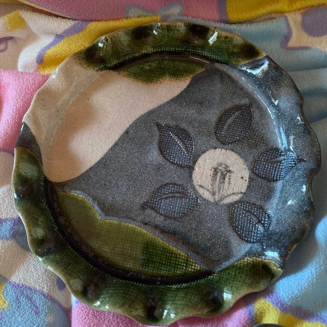 美濃焼　玉山窯　織部椿絵　銘々皿揃