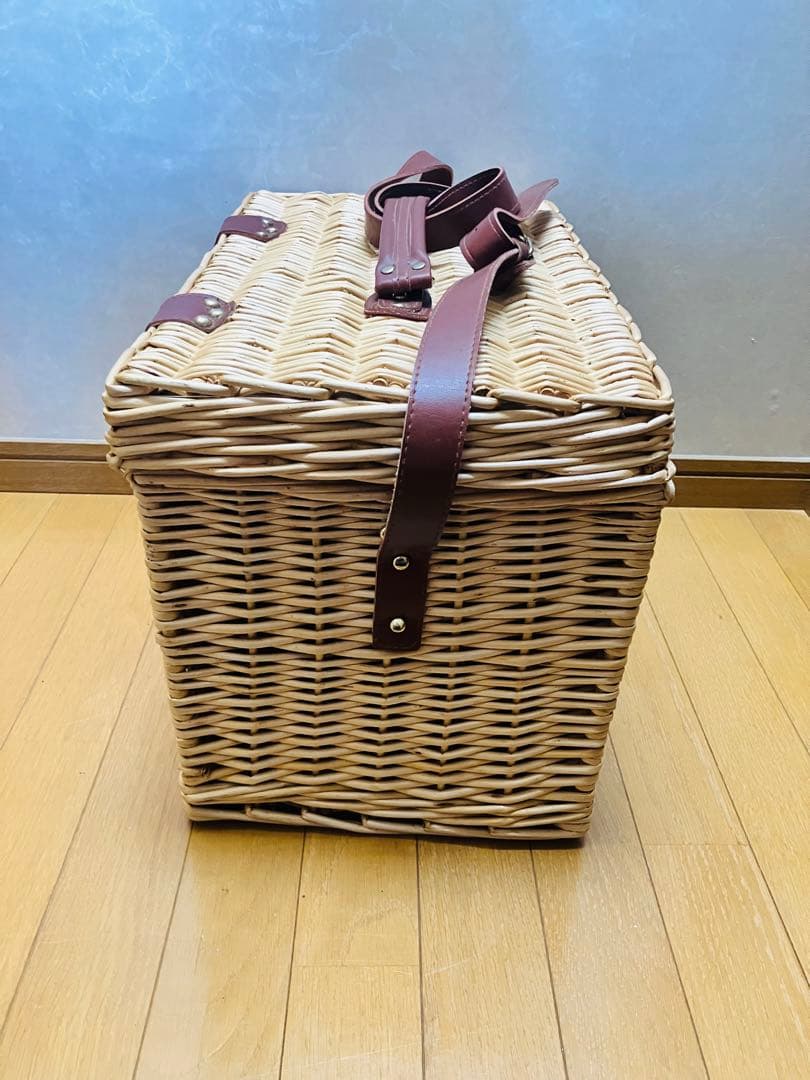 バスケット フタ付 緑中布あり　北欧 藤 ラタン ピクニック カゴ　多用途