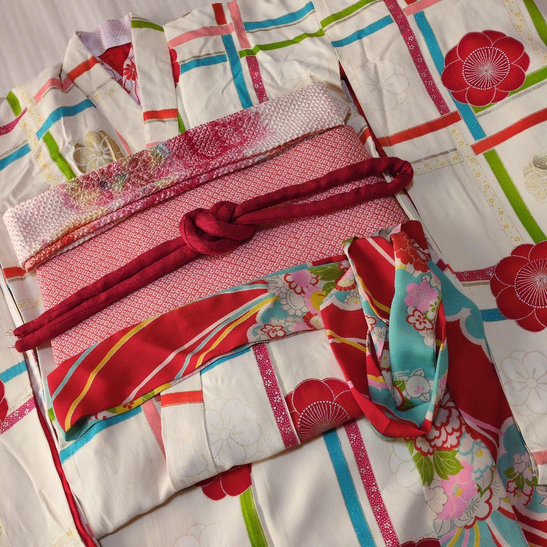 七五三７歳正絹着物とハンドメイドのだらり帯と帯締め帯揚げとしごきのセット
