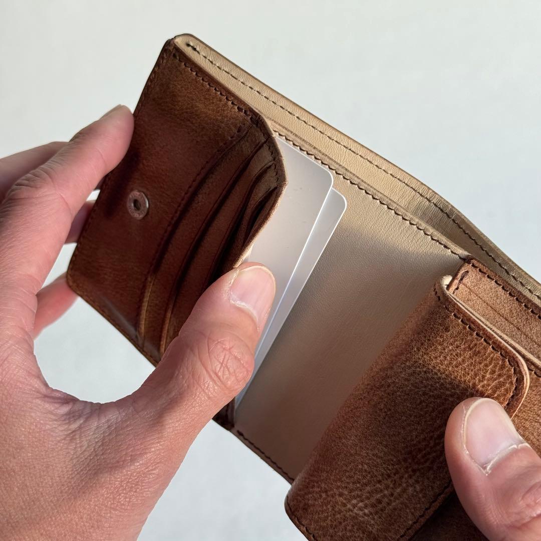 アラスカレザー 二つ折りミニ財布 ブラウン×ヌメ革 ハンドメイド 本革ウォレット