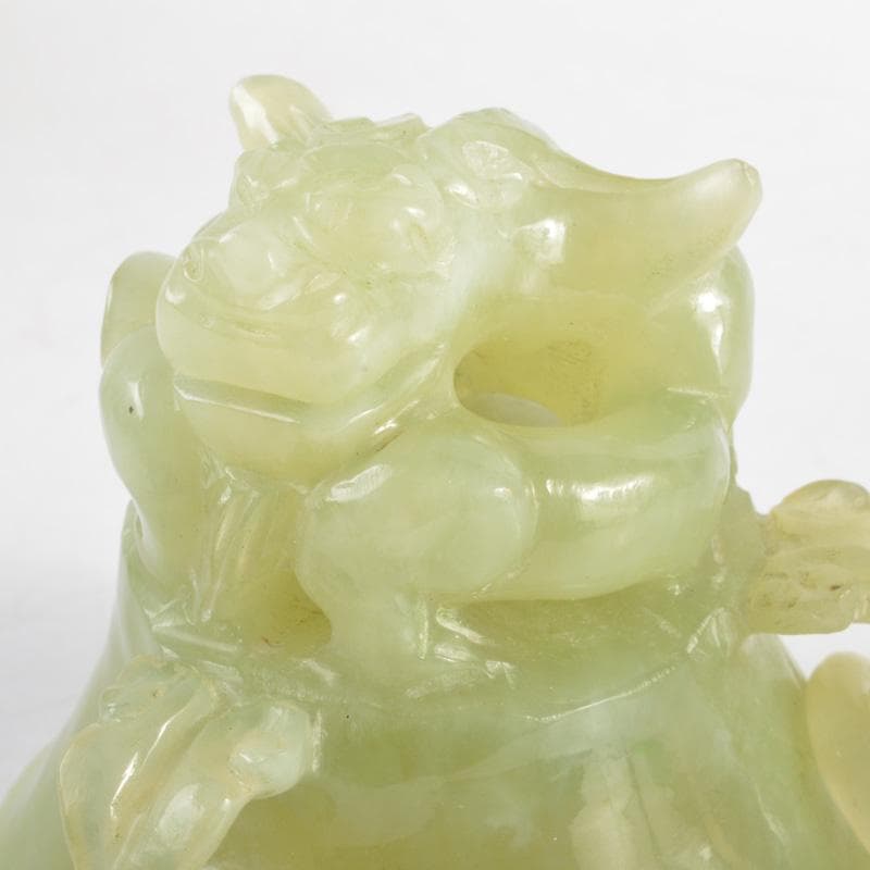 中国 玉石岫玉彫刻 雙耳活環 獅子蓋爐 香炉 C 5191