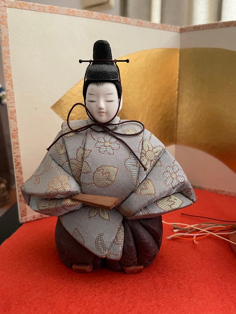 江戸木目込　柿沼東光作　立ち雛　黒塗り屏風付き