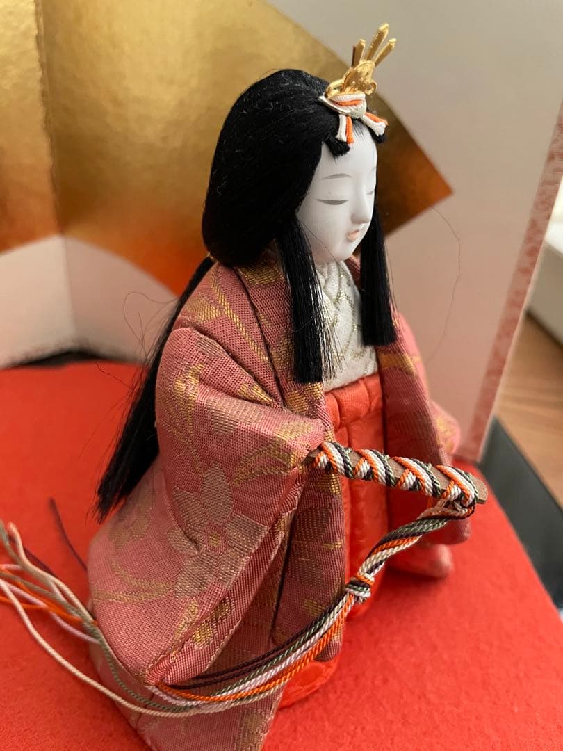 江戸木目込　柿沼東光作　立ち雛　黒塗り屏風付き