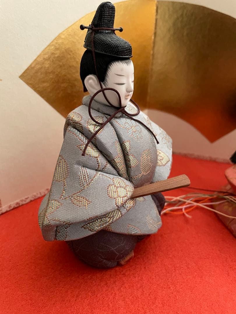 江戸木目込　柿沼東光作　立ち雛　黒塗り屏風付き