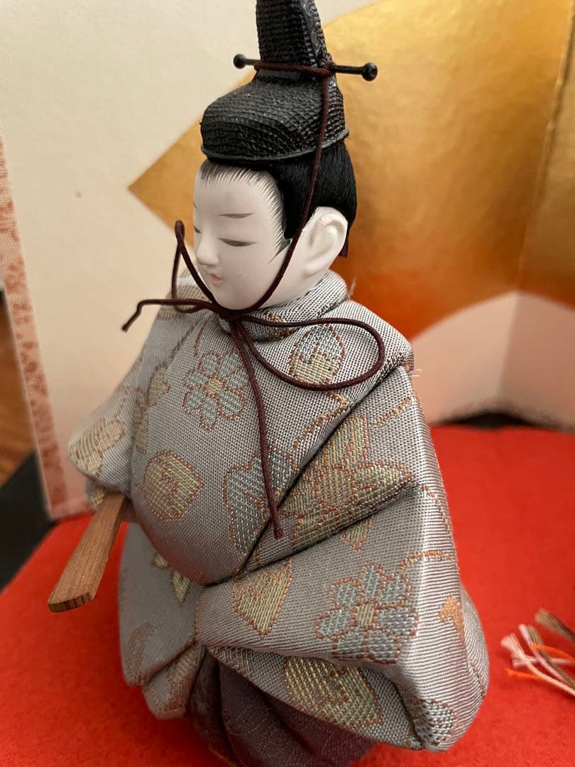 江戸木目込　柿沼東光作　立ち雛　黒塗り屏風付き