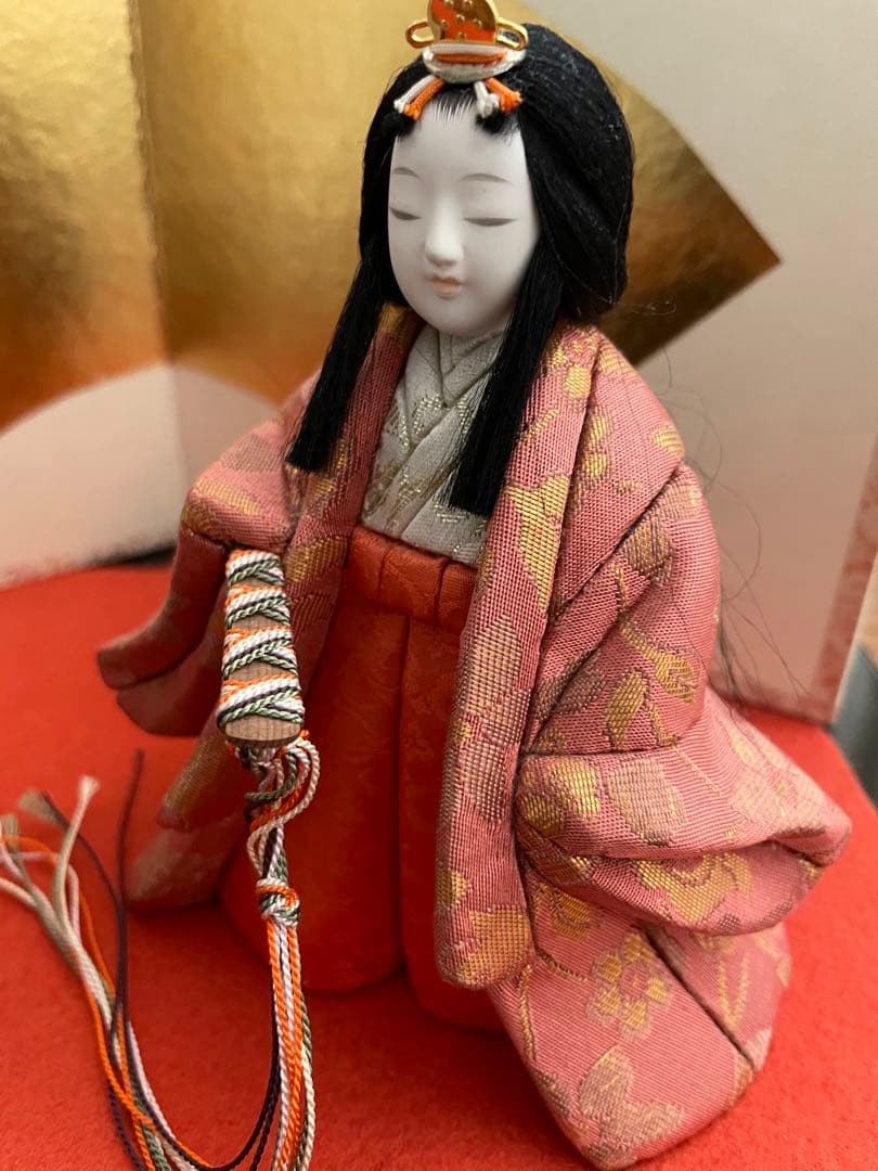 江戸木目込　柿沼東光作　立ち雛　黒塗り屏風付き