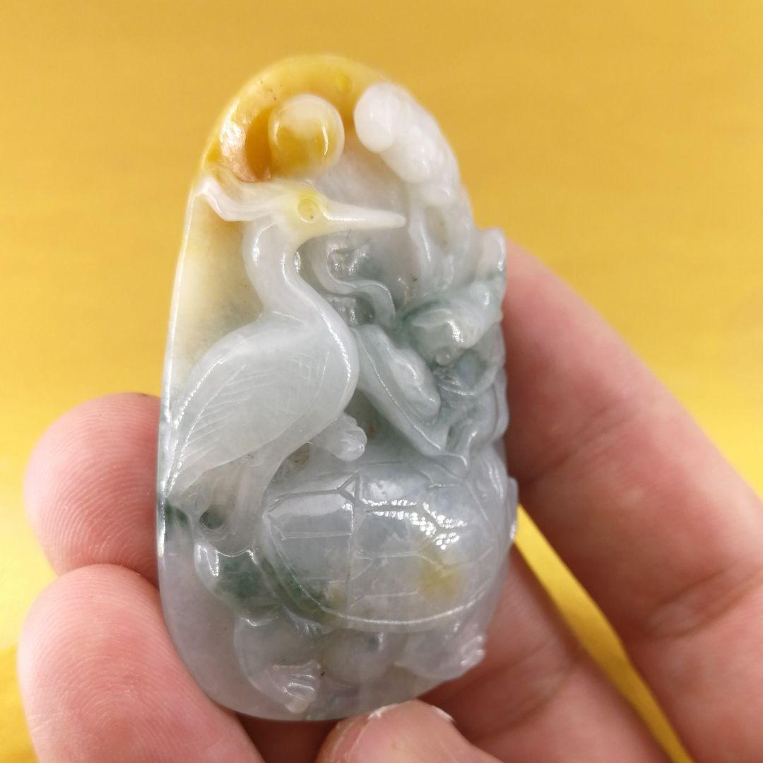 ビルマ翡翠精細彫刻「太陽白鷺蝙蝠霊芝龍亀」(A貨保証)(整理番号:AJ06)