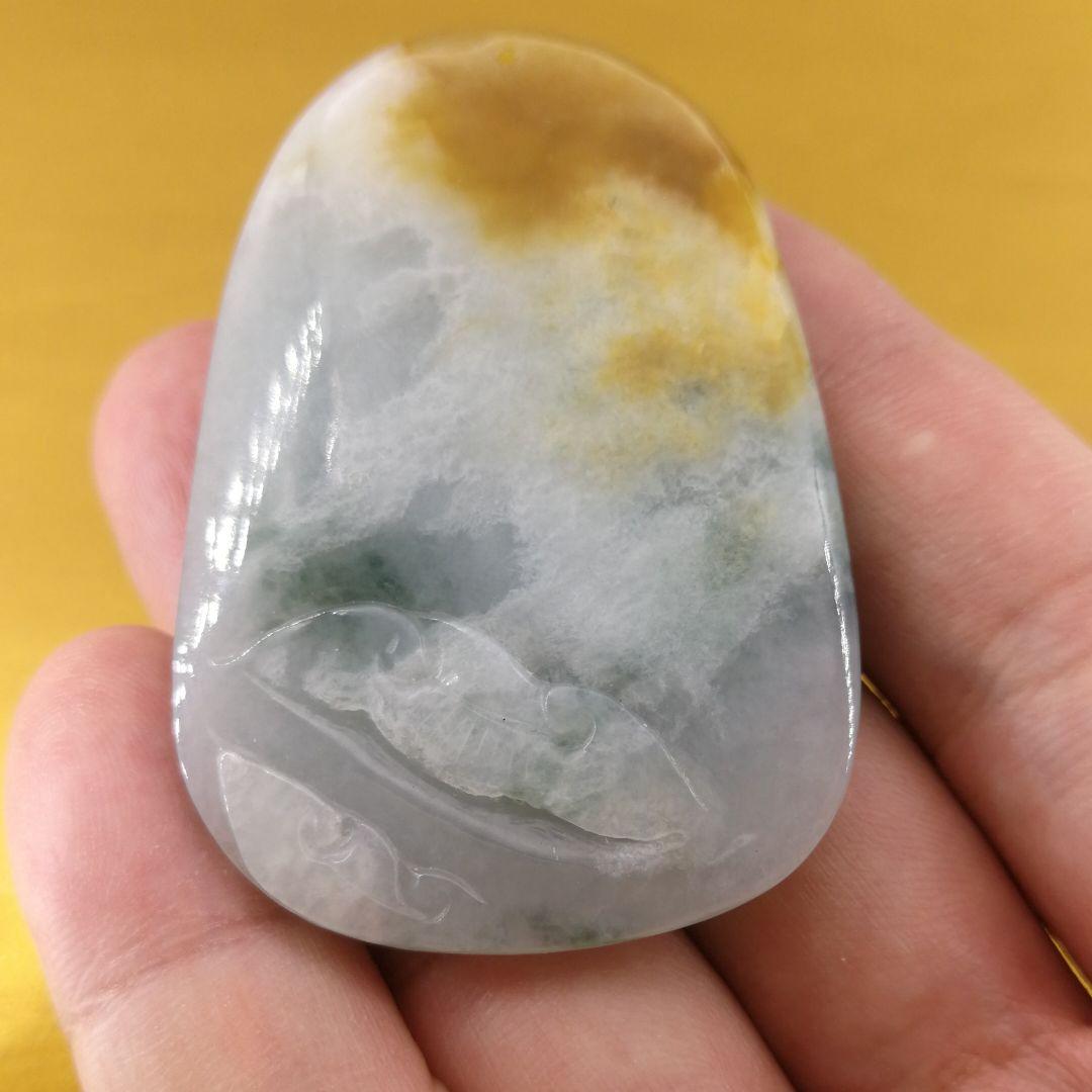 ビルマ翡翠精細彫刻「太陽白鷺蝙蝠霊芝龍亀」(A貨保証)(整理番号:AJ06)