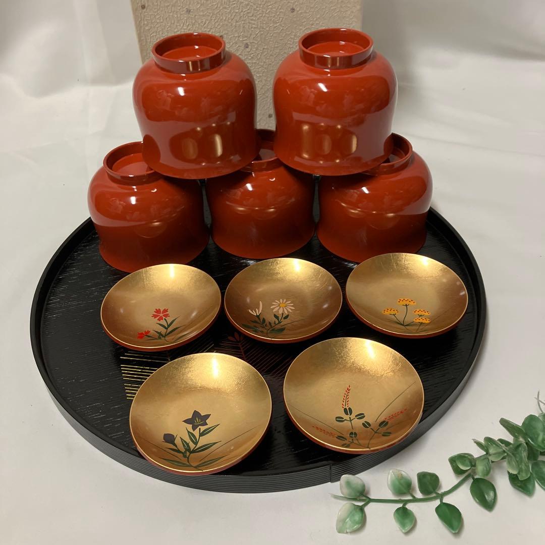 新品 山中漆器 小吸物椀 金箔 五草花 5客 朱塗 - メルカリ