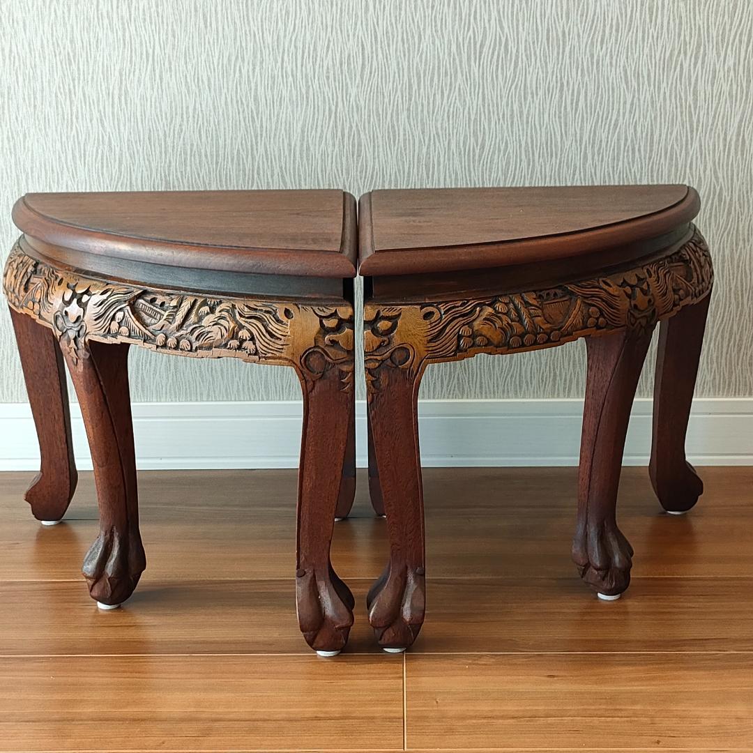 美品〉香港製 テーブル スツールセット 木彫り円卓 猫脚 ガラス天板