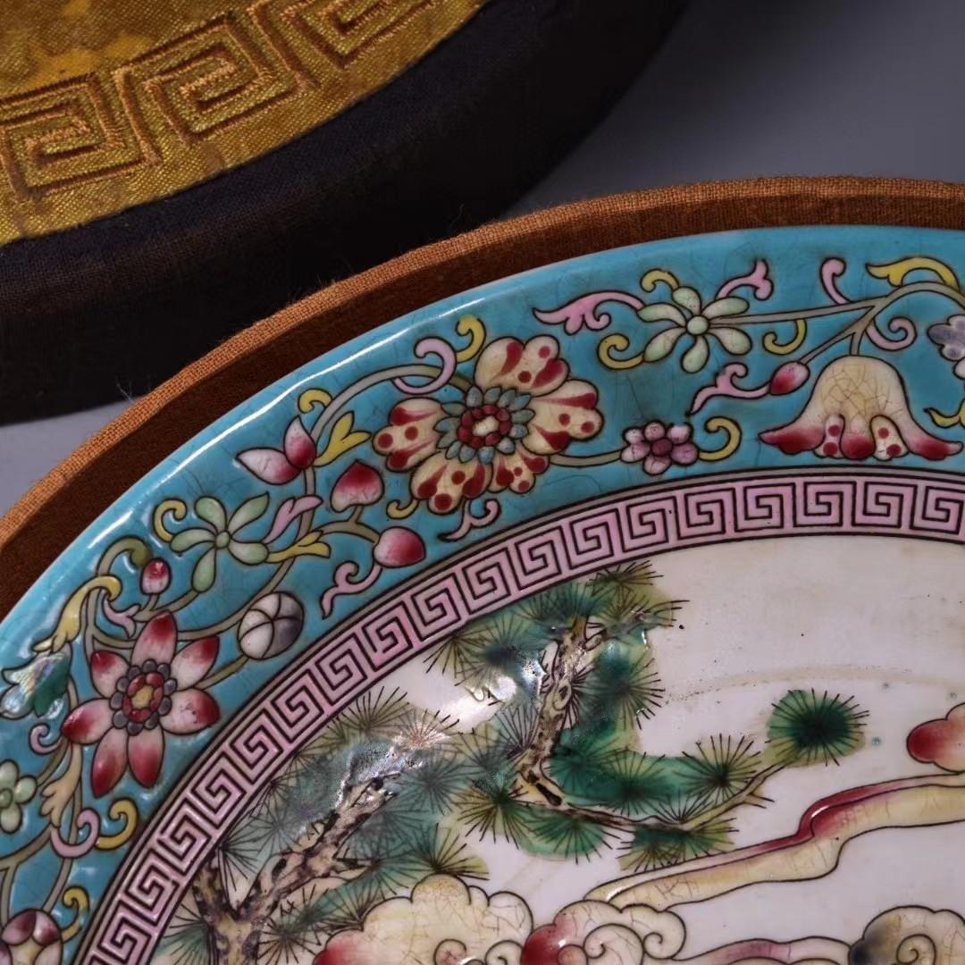 中国古美術・旧蔵粉彩・陶磁器中皿・人物風景絵・置物・純手描き・箱付