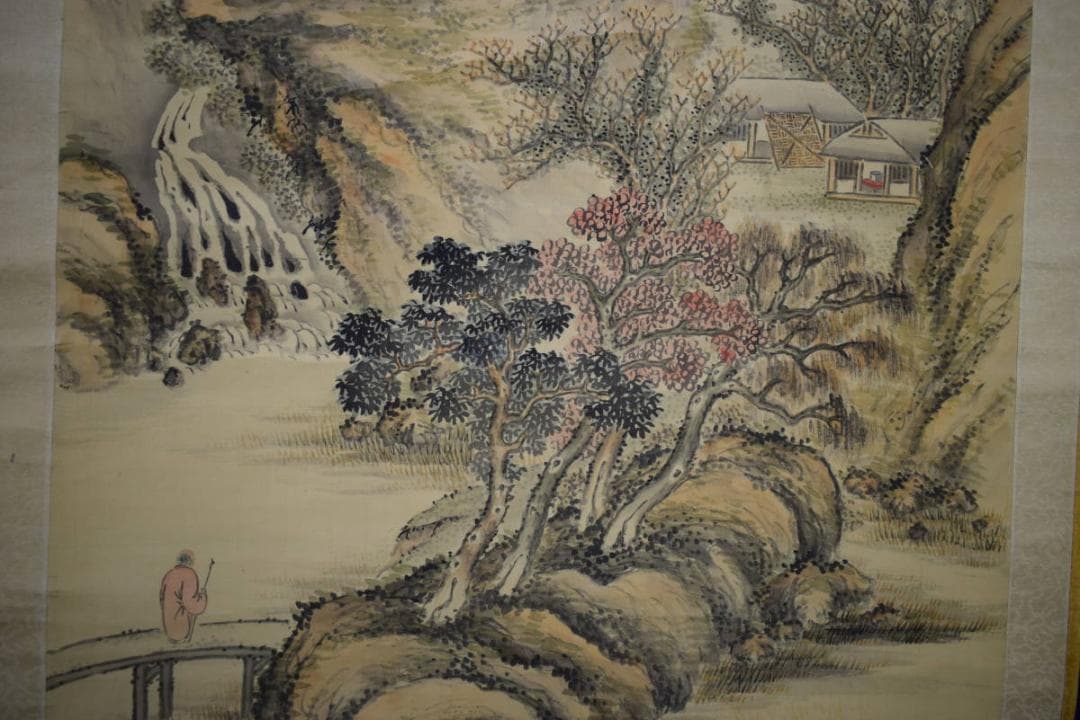 真作/帆足杏雨/秋景山水人物画賛/軸先紫檀/布袋屋掛軸HF-