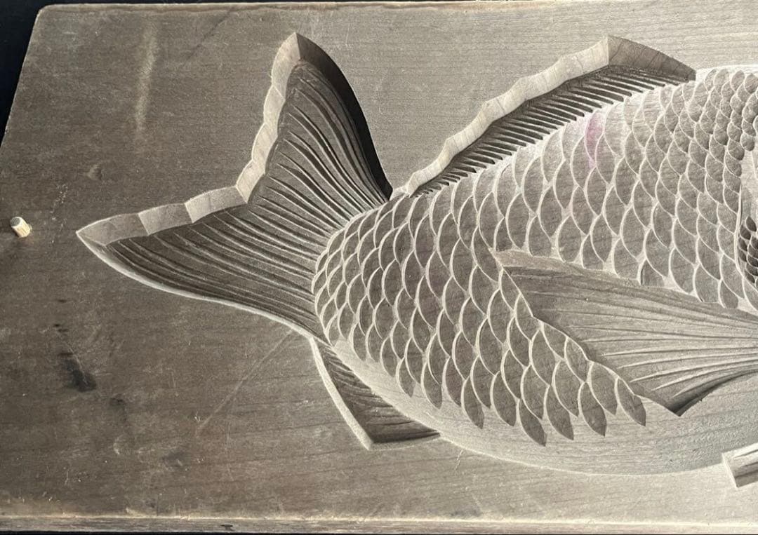 菓子型 特大型の鯛 タイ 細密37.3×19.1cm和菓子古道具アンティーク木彫