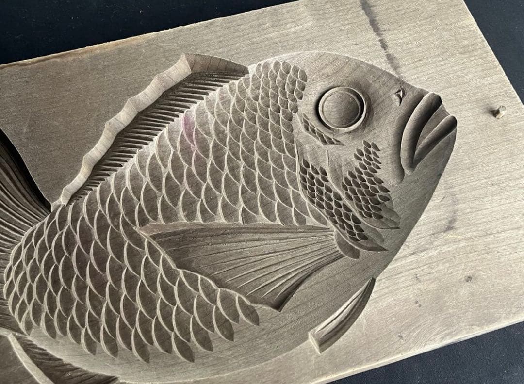 菓子型 特大型の鯛 タイ 細密37.3×19.1cm和菓子古道具アンティーク木彫