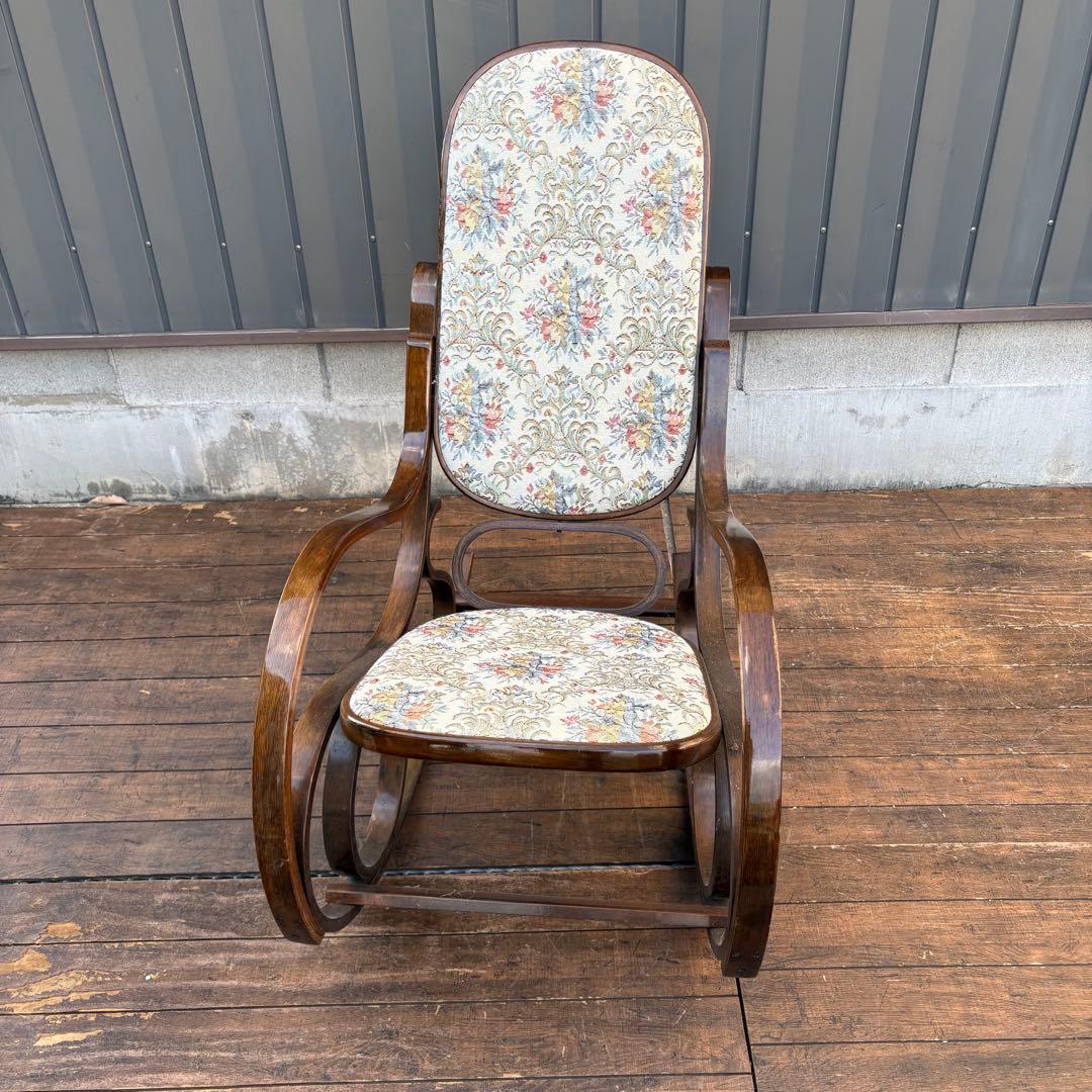 昭和レトロ 木製 ベントウッド 花柄ゴブラン織り ロッキングチェア アームチェア