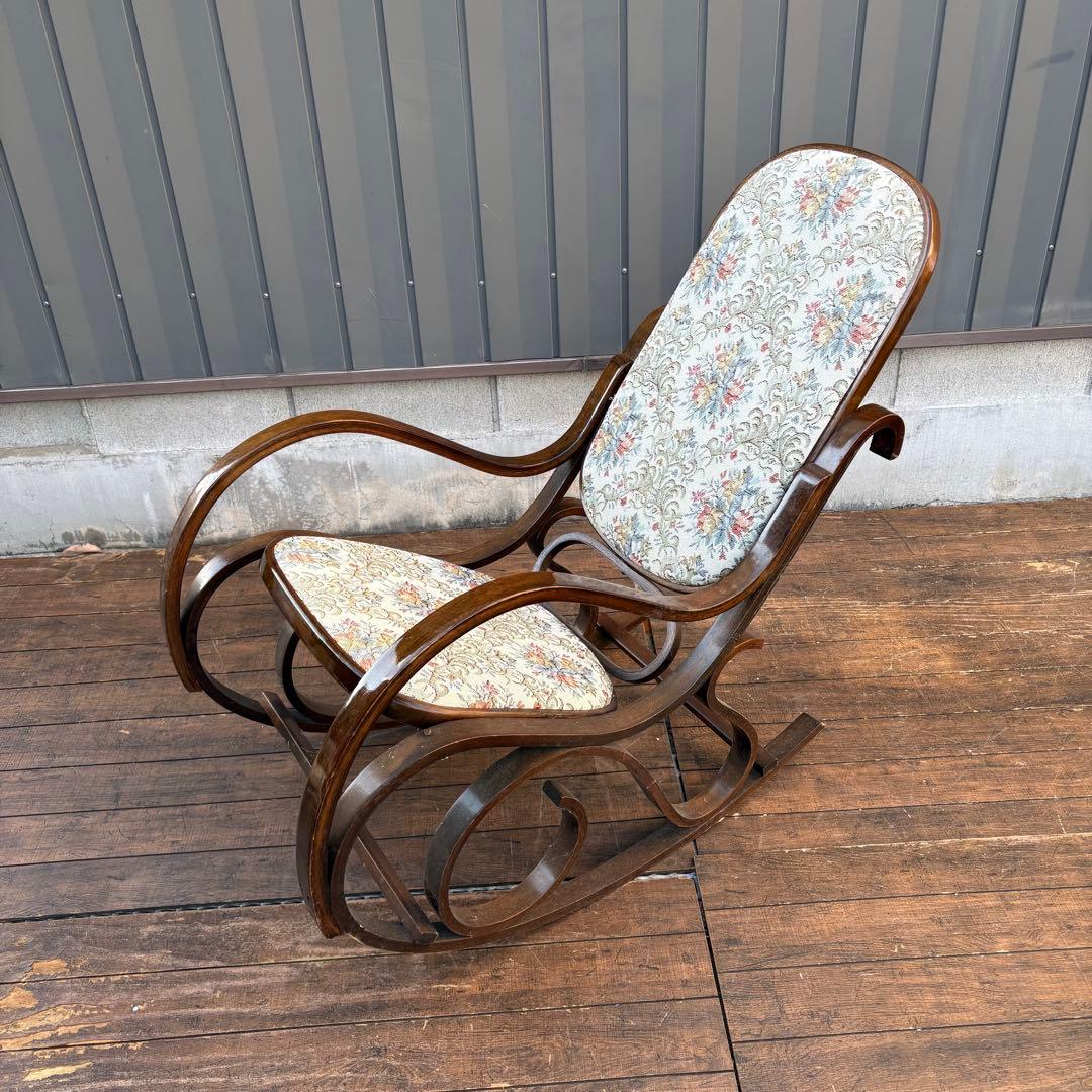 昭和レトロ 木製 ベントウッド 花柄ゴブラン織り ロッキングチェア アームチェア