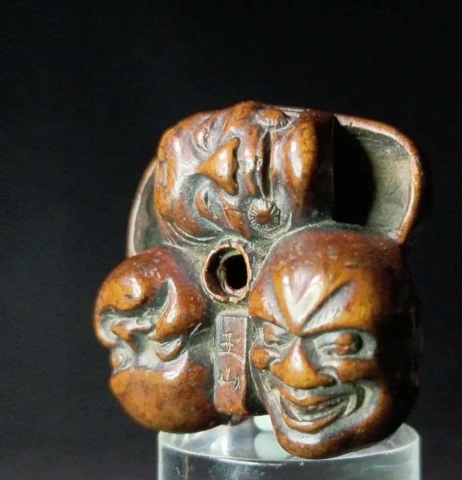 玉山 在銘 「能面尽くし おかめ 鬼 火男 猩々 」 柘植彫 根付 江戸時代